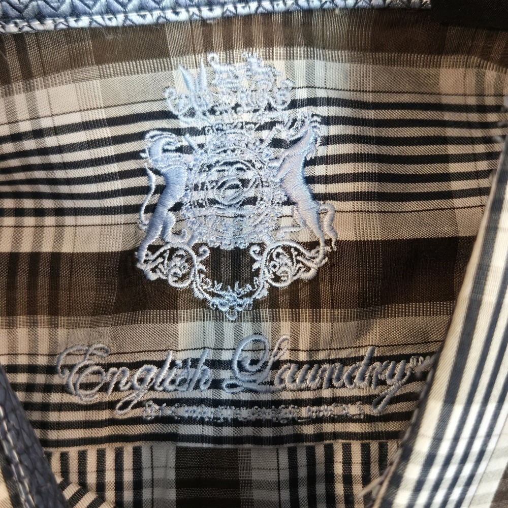 English Laundry Mens Size 16 1/2 34/35 Button Down Shirt Brown Blue Plaid - Picture 5 of 10